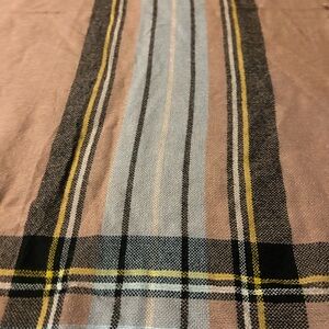 Tan Plaid Scarf with Black, Blue and subtle Yellow Stripes